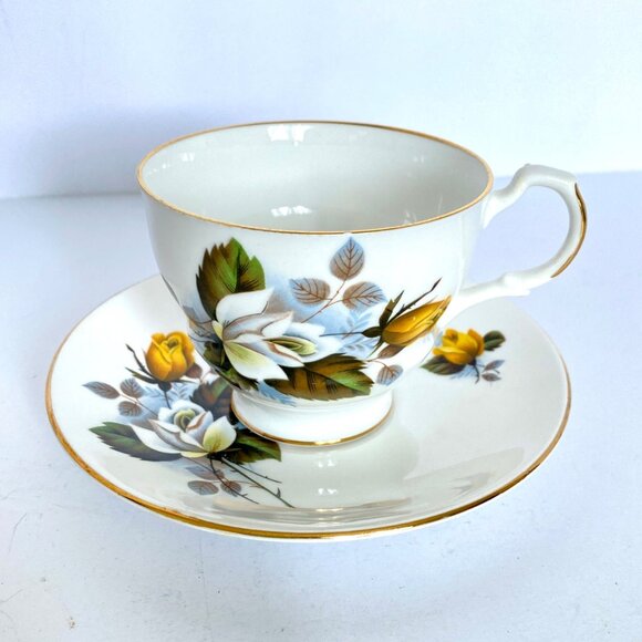 Royal Dover English Yellow White Rose Flower Teacup Saucer Bone China Gold Trim - Picture 1 of 16